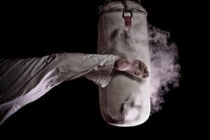 Karate round kick in a punching bag